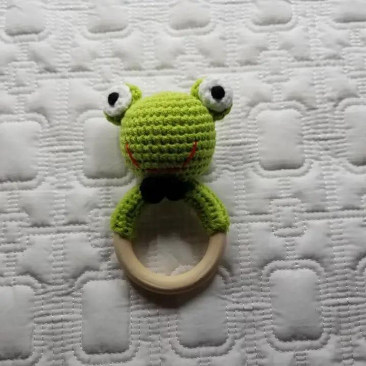 Green Frog Crochet Wooden Teether Rattle