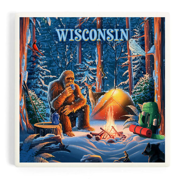 Bigfoot Camping Wisconsin Ceramic Coaster