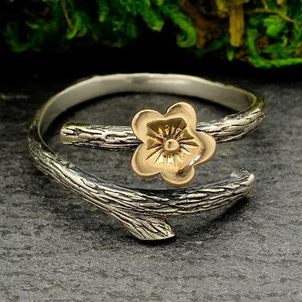 Sterling Silver Branch Ring with Bronze Cherry Blossom -Adjustable