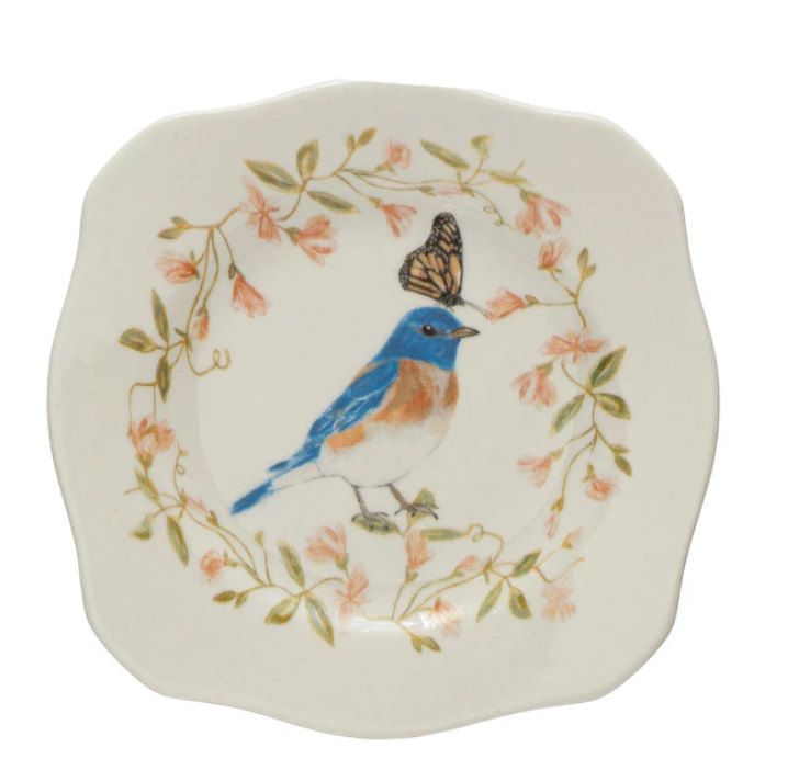 Stoneware Scalloped Plate with Insects, Birds, and Flowers, Multi Color 4 Styles