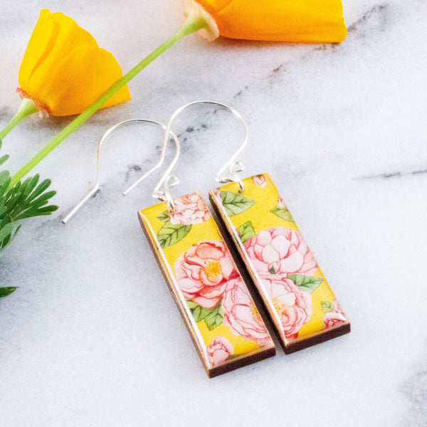 Yellow + Pink Peony Rectangle Earrings