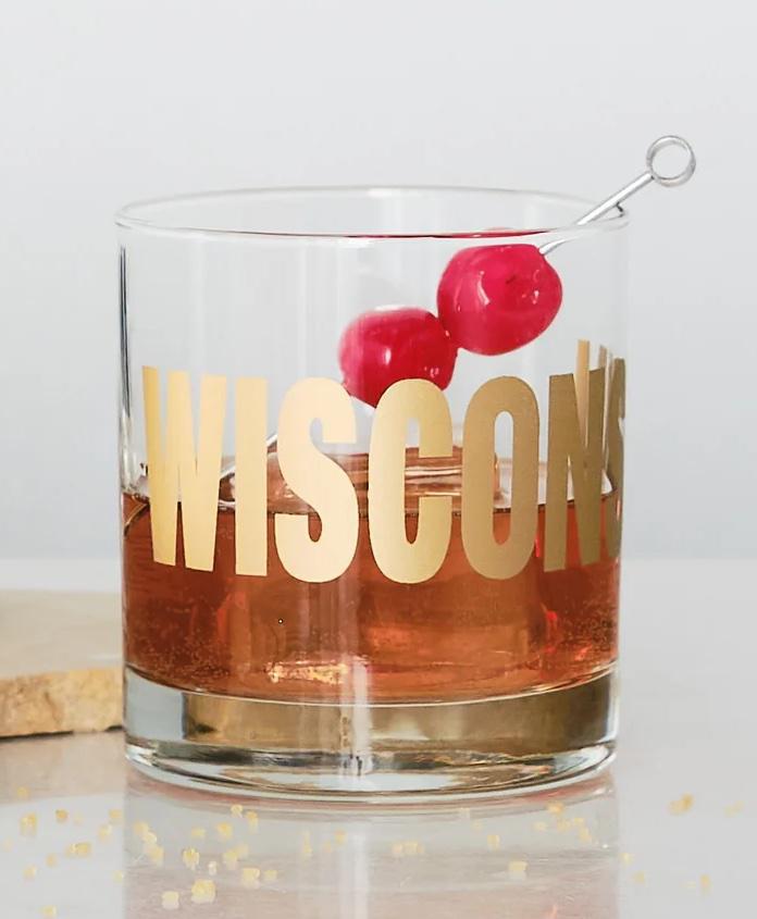 Wisconsin Gold Typography Rocks Glass