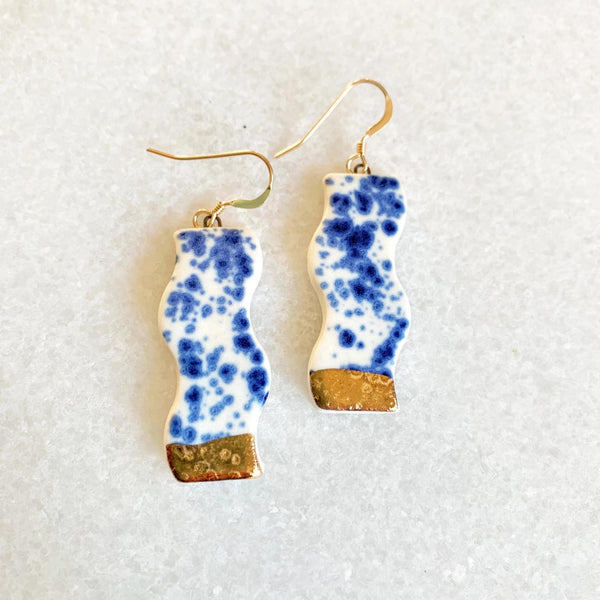 Blue Speckle + Gold Wavy Earrings