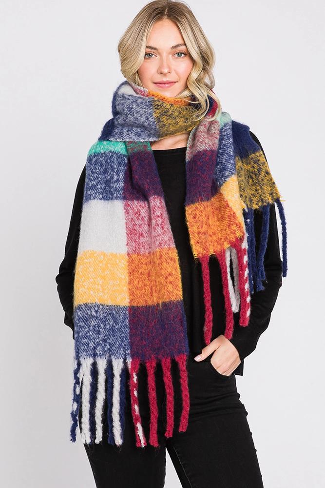 Brushed Multicolor Plaid Fringe Winter Scarf