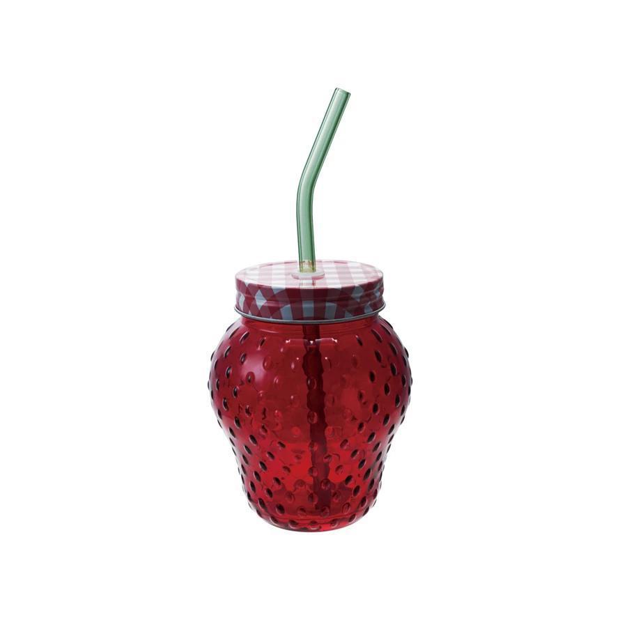 Strawberry Shaped Drinking Glass with Lid and Straw