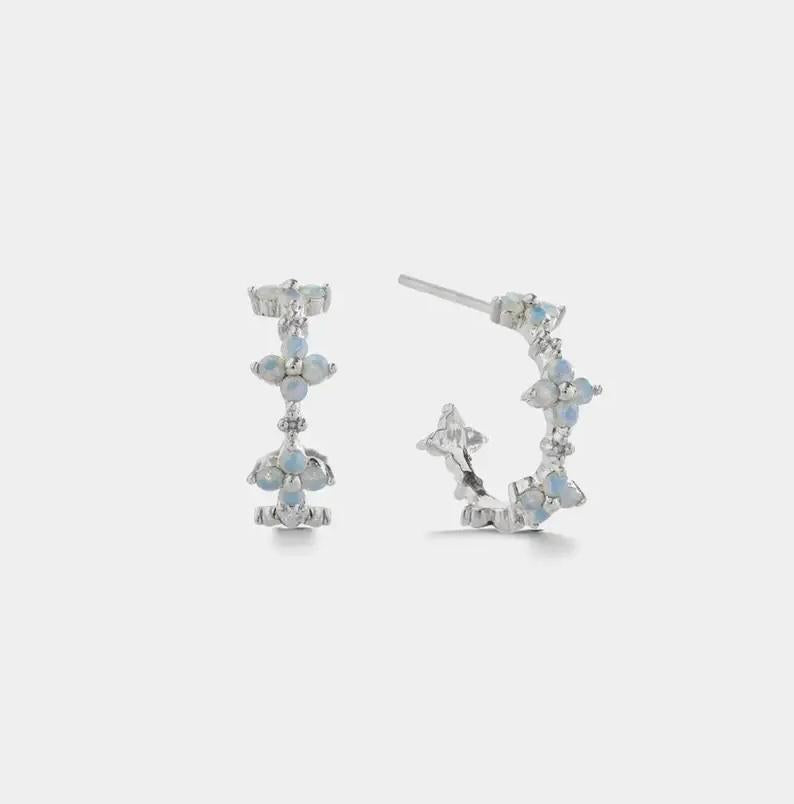Dainty Blue Opal Flower Hoop Earrings