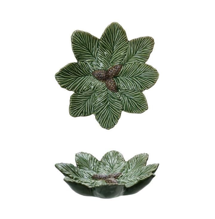 Ceramic Pine Bough Plate with Pinecones