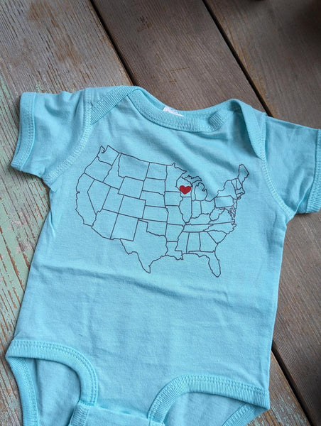 Wisconsin Heart Map Onesie - Sky Blue