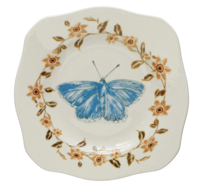 Stoneware Scalloped Plate with Insects, Birds, and Flowers, Multi Color 4 Styles