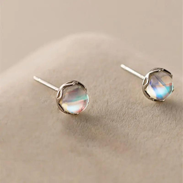 Tiny Round Moonstone Stud Earrings in Sterling Silver