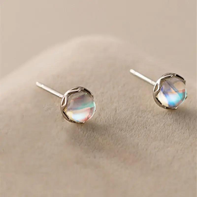 Tiny Round Moonstone Stud Earrings in Sterling Silver