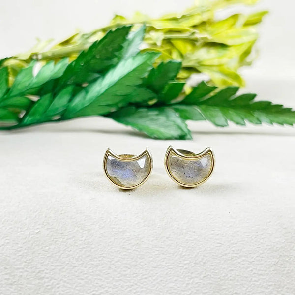 Labradorite Crescent Moon Bezel Stud Earrings