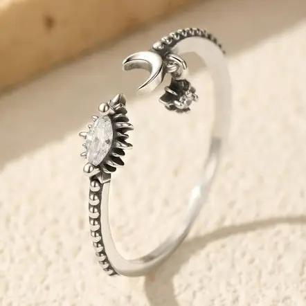Celestial Marquise Sun Moon Adjustable Ring in Sterling Silver