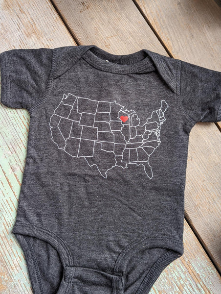 Wisconsin Heart Map Onesie - Dark Grey