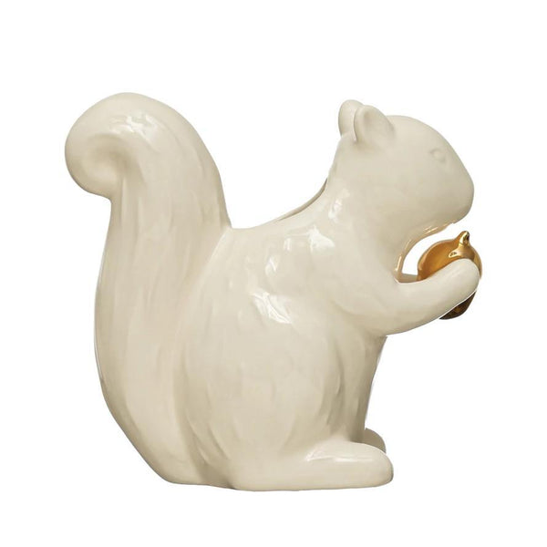 Stoneware Squirrel Vase With Gold Acorn