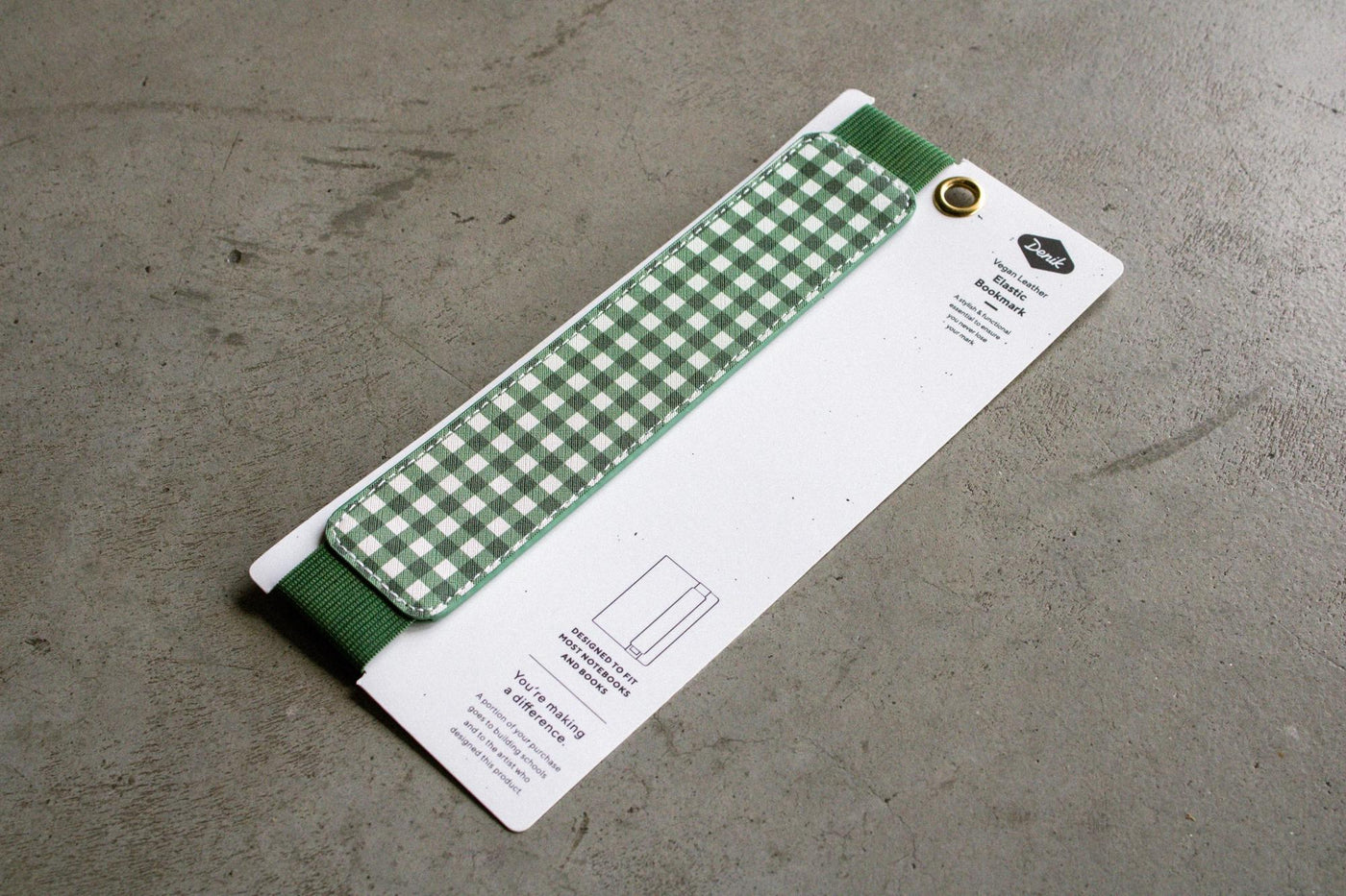 Green Gingham Vegan Leather Elastic Bookmark