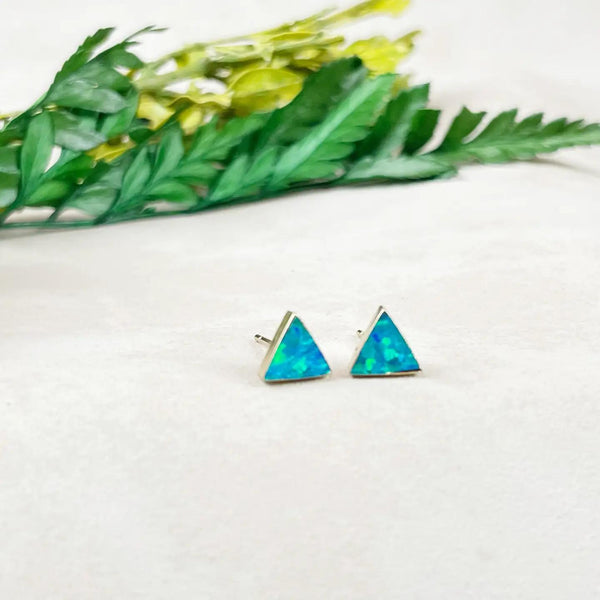 Blue Fire Opal Triangle Stud Earrings