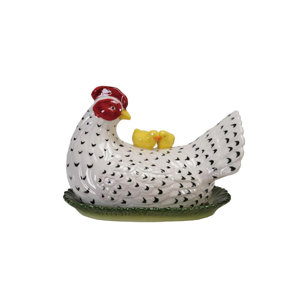 Hand-Painted Hen Shaped Butter Dish with Chicks