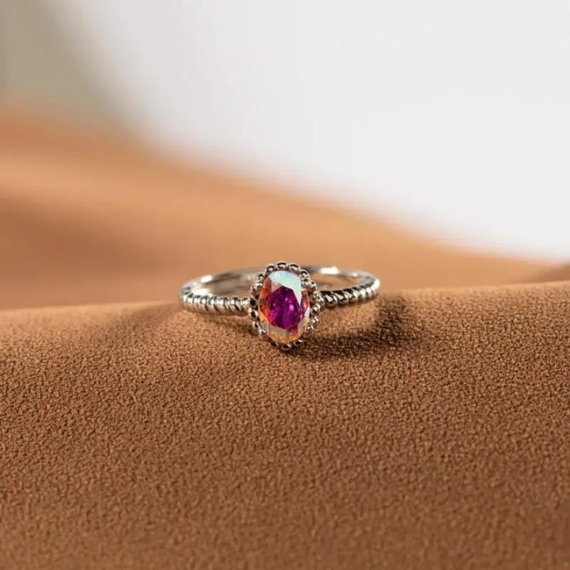 Oval-Cut Aurora Crystal Ring in Sterling Silver