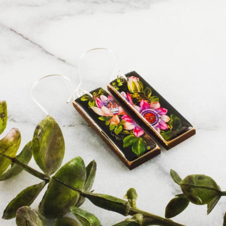 Black + Pink Vintage Botanical Rectangle Earrings