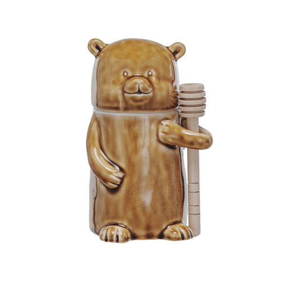 Bear Honey Jar w/ Wood Honey Dipper, Set of 2