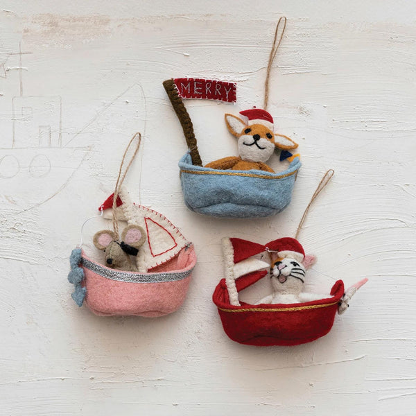 Wool Felt Animals in Sailboat Ornament