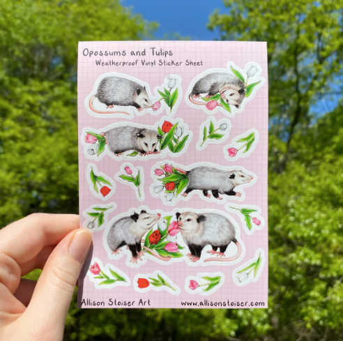 Opossums and Tulips Weatherproof Vinyl Sticker Sheet