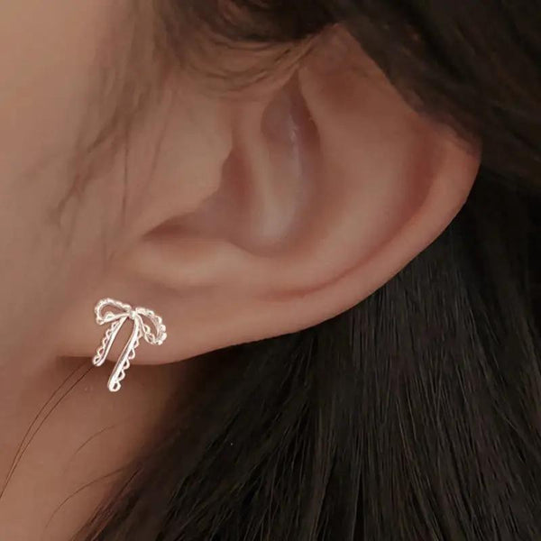 Lace Ribbon Bow Stud Earrings in Sterling Silver