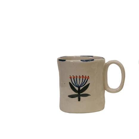 Stoneware Mug with Hand-Painted Flower & Rim