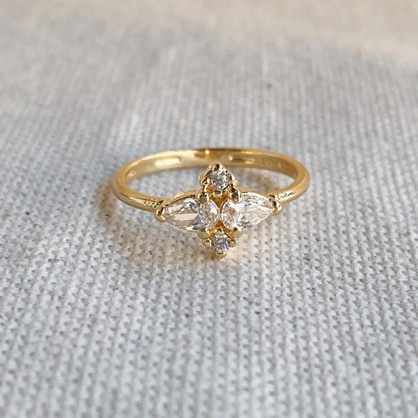 18k Gold Filled Vintage Flower Cubic Zirconia Ring Crystal
