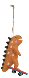 Wool Felt Dinosaur on Skateboard Ornament