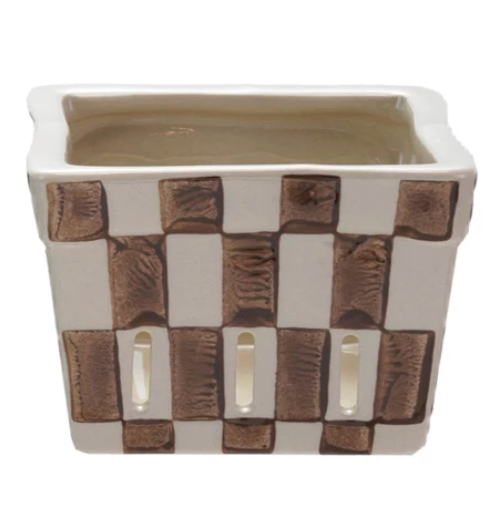 Hand-Painted Stoneware Berry Basket with Check Pattern