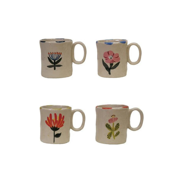 Stoneware Mug with Hand-Painted Flower & Rim