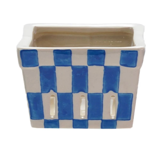 Hand-Painted Stoneware Berry Basket with Check Pattern