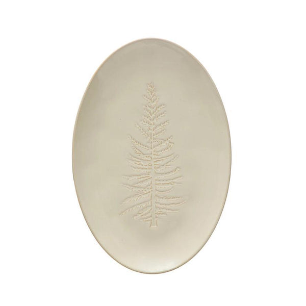 Oval Stoneware Platter With Tree Design