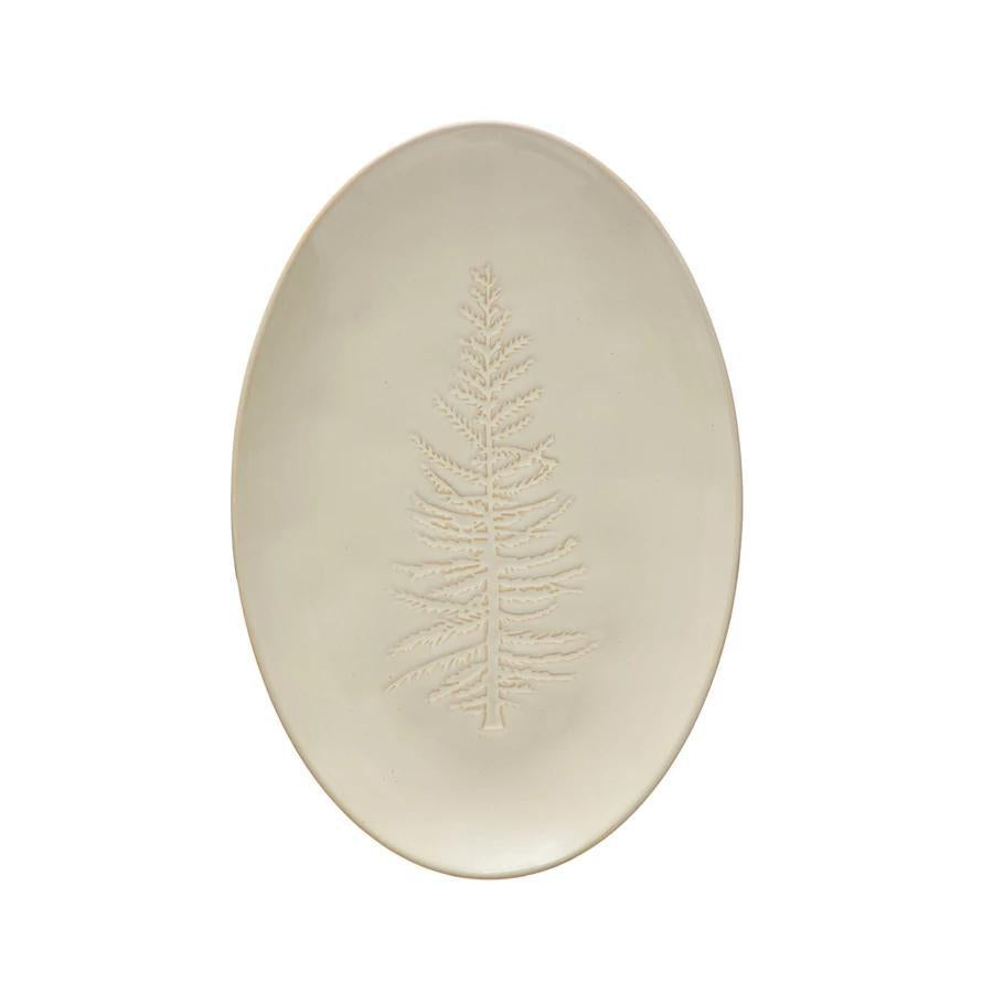 Oval Stoneware Platter With Tree Design