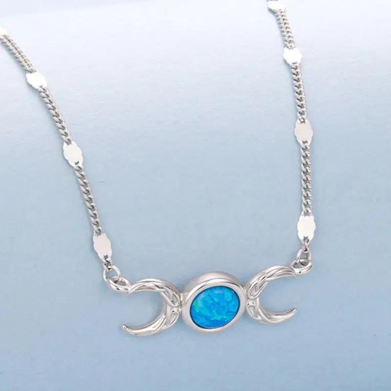 Triple Moon Opal Textured Necklace in Sterling Silver