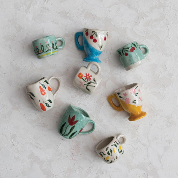 3 - 6 oz. Hand-Painted Stoneware Espresso/Child's Mug, 8 Styles (Each One Will Vary)