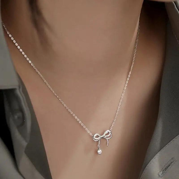 Pave Bow Necklace in Sterling Silver