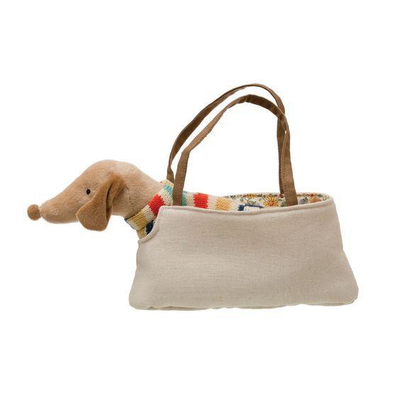 Cotton Dachshund Dog in Carrier